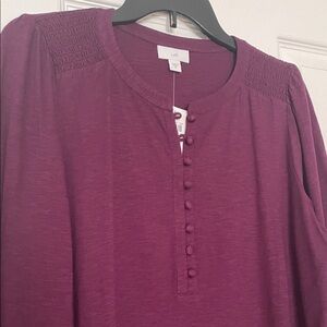 J.Jill beautiful plum color long sleeve tee with smocked shoulder & wrist detail
